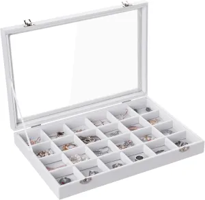 Frebeauty Jewelry Organizer Tray with Clear Lid 24 Grid Velvet Drawer Insert Jewelry Storage box with Transparent Glass lid Jewelry Display Case with Lock Gifts for Girls Women (White, 24 Grid)