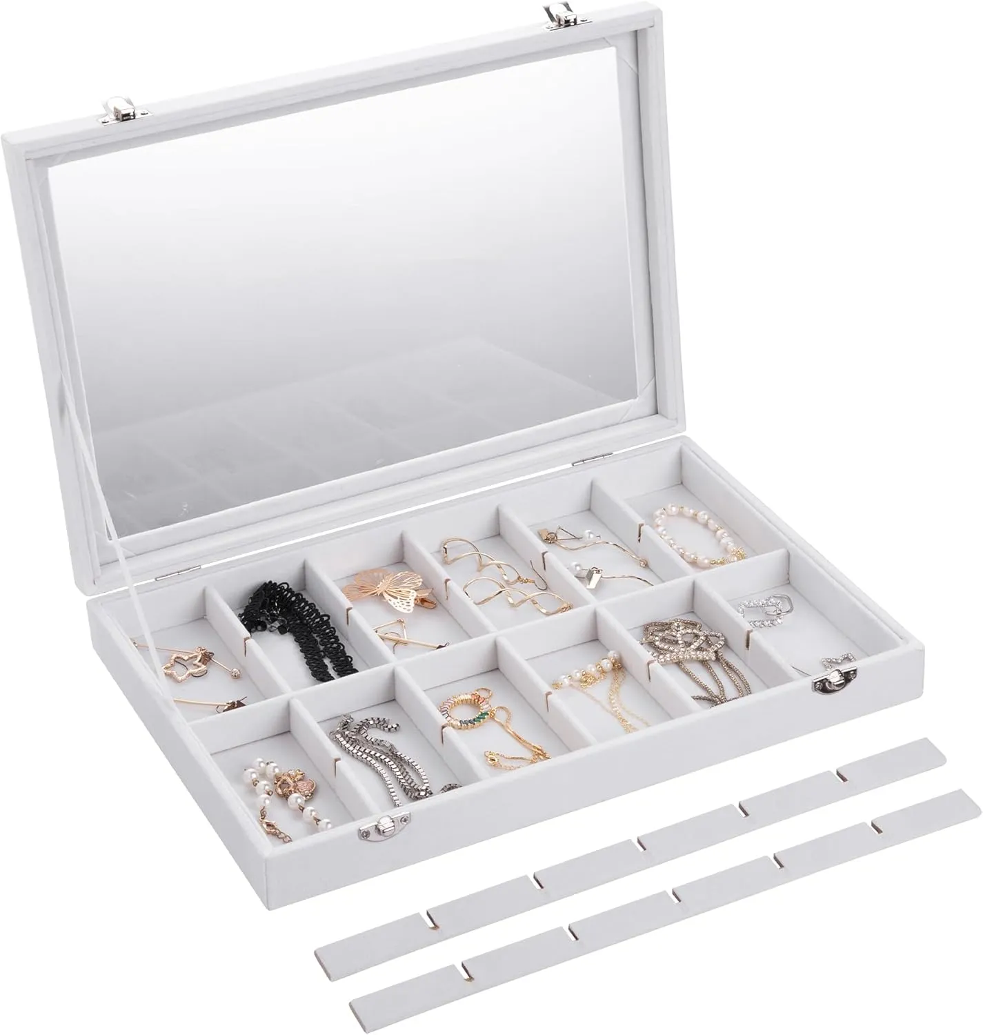 Frebeauty Jewelry Organizer Tray with Clear Lid 24 Grid Velvet Drawer Insert Jewelry Storage box with Transparent Glass lid Jewelry Display Case with Lock Gifts for Girls Women (White, 24 Grid)