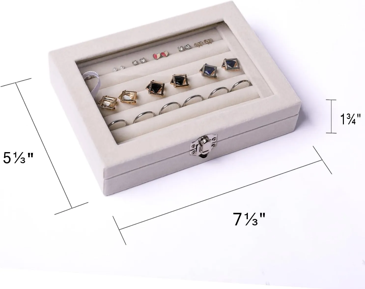 Frebeauty Rings/Earring Organizer Tray with Clear Lid,7 Slots Ring Box Velvet Ring Holder Drawer Insert Jewelry Storage Box Jewelry Display Case Jewelry Box Gift for Women and Girls(Beige,7 Slots)