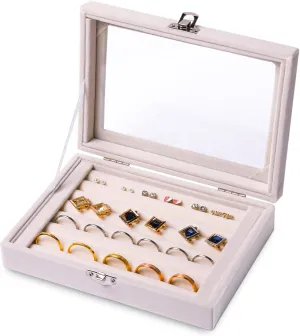 Frebeauty Rings/Earring Organizer Tray with Clear Lid,7 Slots Ring Box Velvet Ring Holder Drawer Insert Jewelry Storage Box Jewelry Display Case Jewelry Box Gift for Women and Girls(Beige,7 Slots)