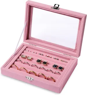 Frebeauty Rings/Earring Organizer Tray with Clear Lid,7 Slots Ring Box Velvet Ring Holder Drawer Insert Jewelry Storage Box Jewelry Display Case Jewelry Box Gift for Women and Girls(Pink,7 Slots)