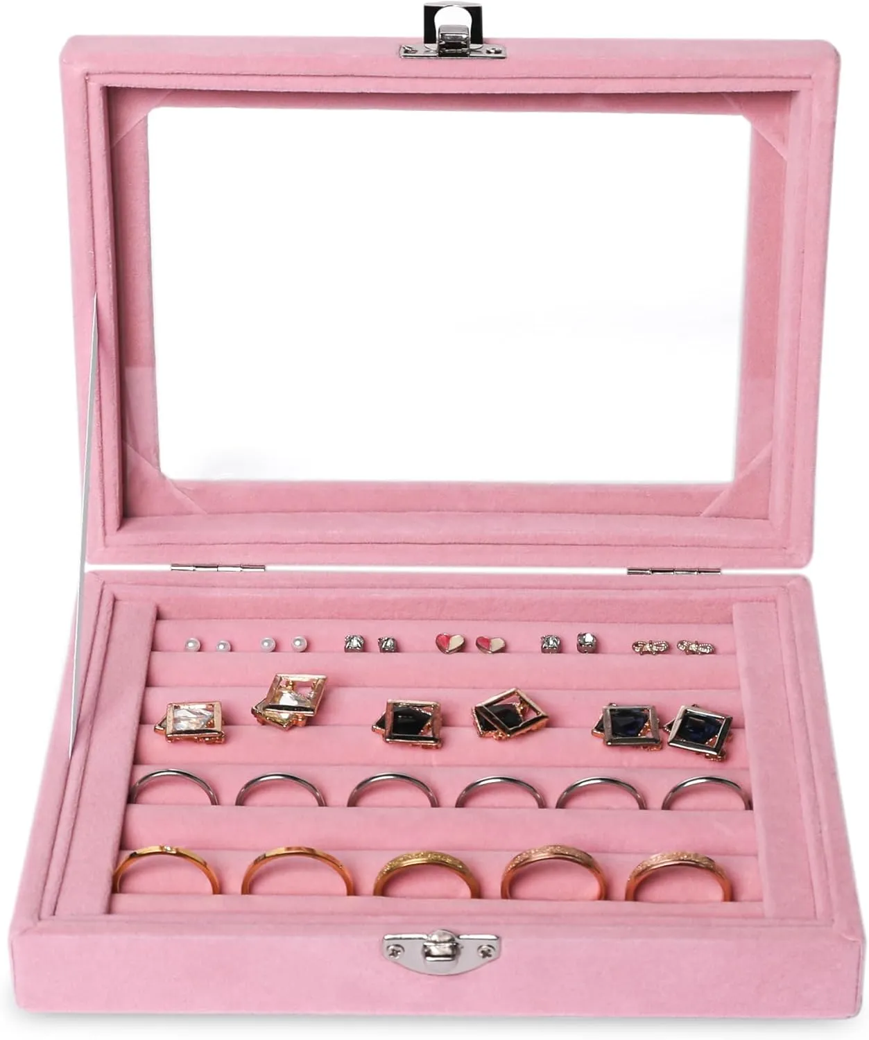 Frebeauty Rings/Earring Organizer Tray with Clear Lid,7 Slots Ring Box Velvet Ring Holder Drawer Insert Jewelry Storage Box Jewelry Display Case Jewelry Box Gift for Women and Girls(Pink,7 Slots)