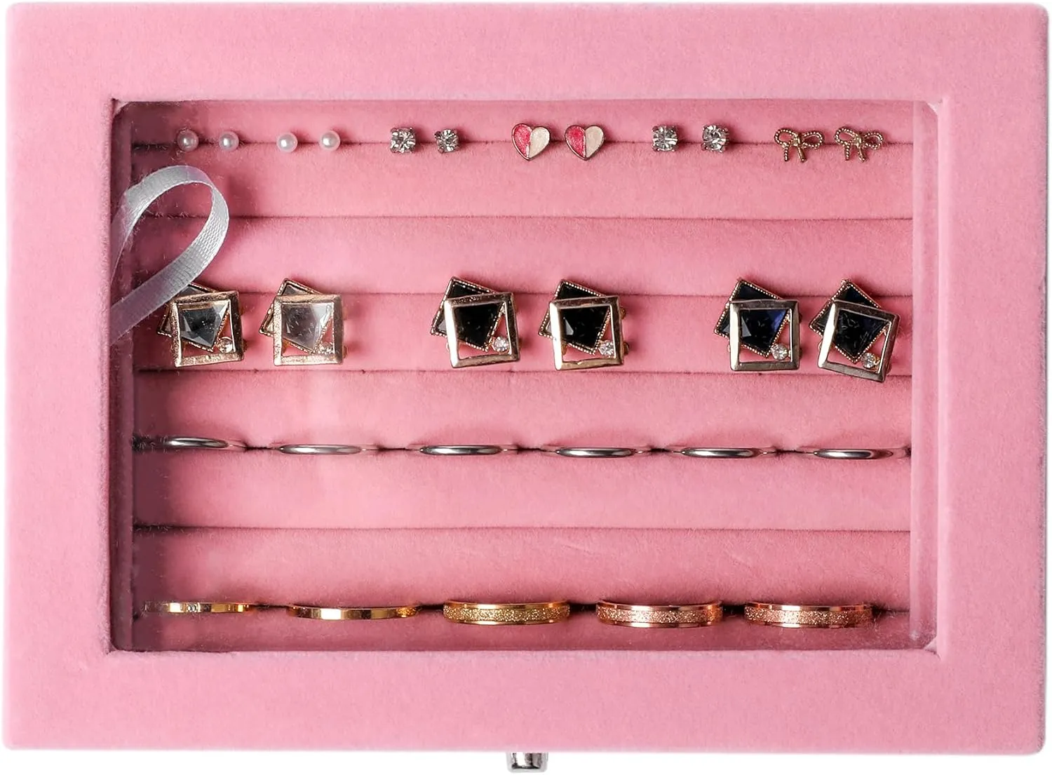 Frebeauty Rings/Earring Organizer Tray with Clear Lid,7 Slots Ring Box Velvet Ring Holder Drawer Insert Jewelry Storage Box Jewelry Display Case Jewelry Box Gift for Women and Girls(Pink,7 Slots)