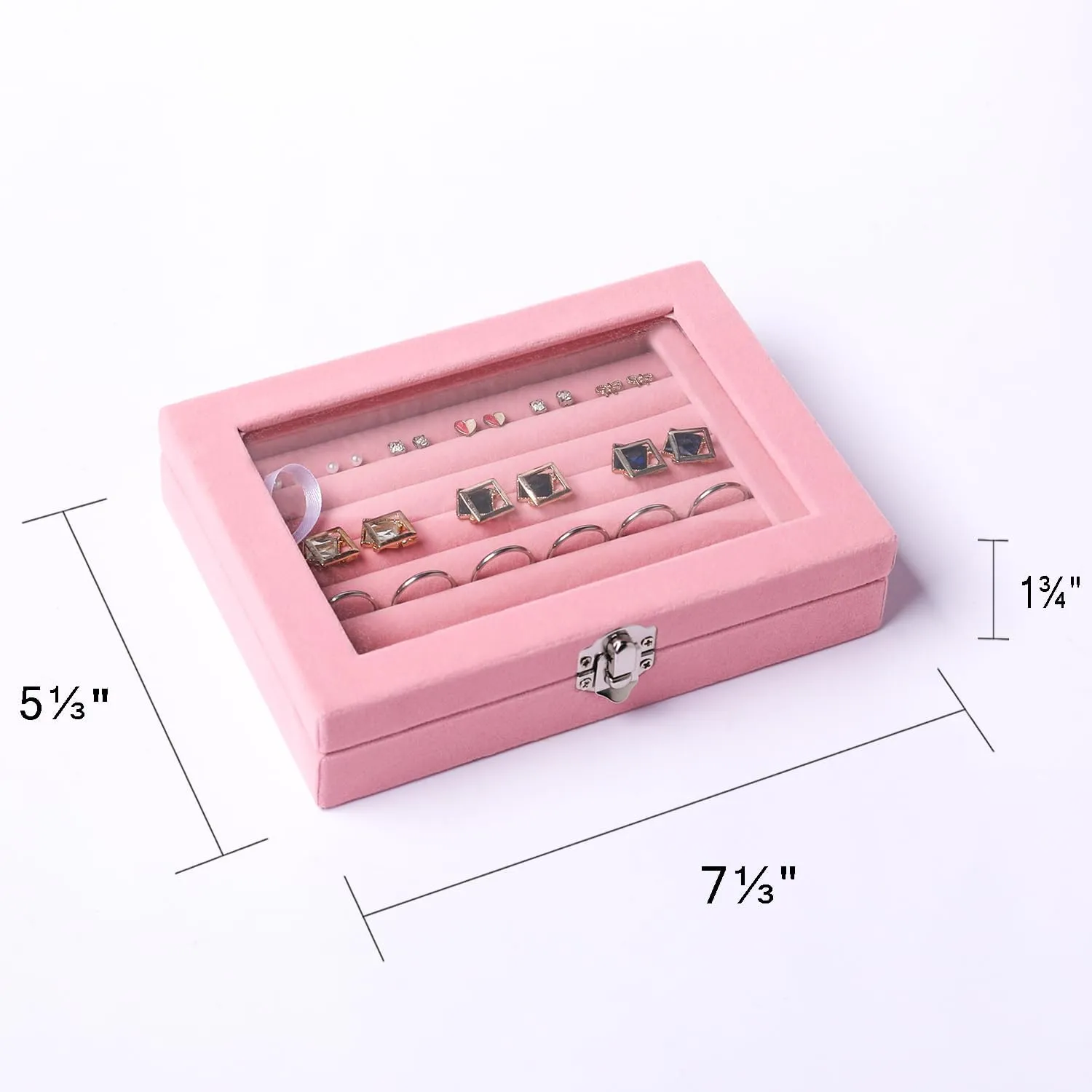 Frebeauty Rings/Earring Organizer Tray with Clear Lid,7 Slots Ring Box Velvet Ring Holder Drawer Insert Jewelry Storage Box Jewelry Display Case Jewelry Box Gift for Women and Girls(Pink,7 Slots)
