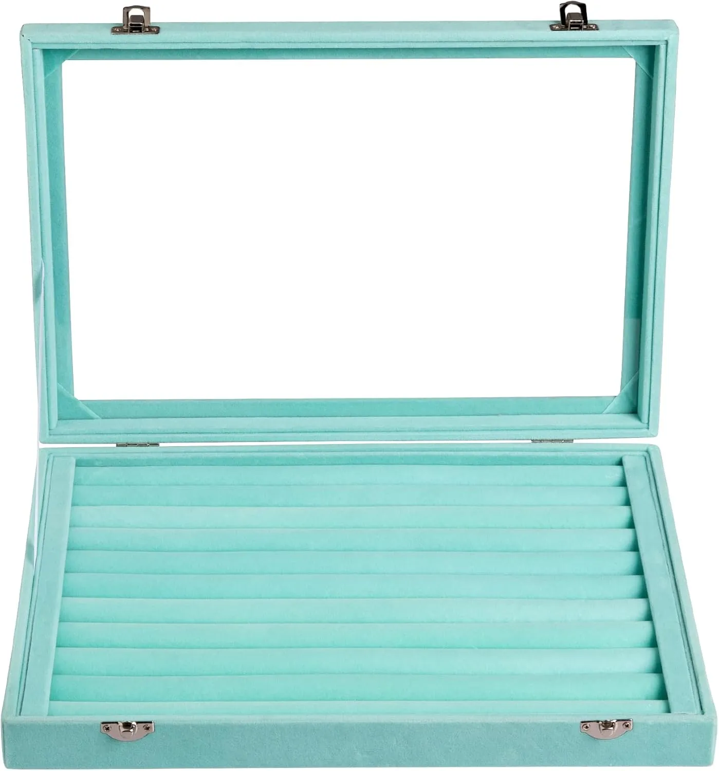 Frebeauty Rings/Earrings Organizer Tray with Clear Lid 10 Slots Velvet Drawer Insert Jewelry Storage box Transparent Glass lid Jewelry Display Case Showcase Gift for Girls Women (Turquoise, 10 Slots)