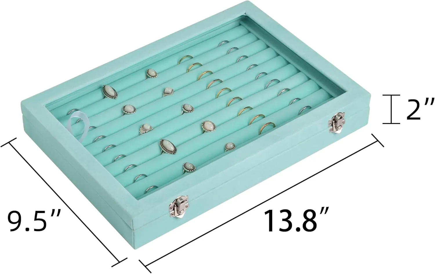 Frebeauty Rings/Earrings Organizer Tray with Clear Lid 10 Slots Velvet Drawer Insert Jewelry Storage box Transparent Glass lid Jewelry Display Case Showcase Gift for Girls Women (Turquoise, 10 Slots)