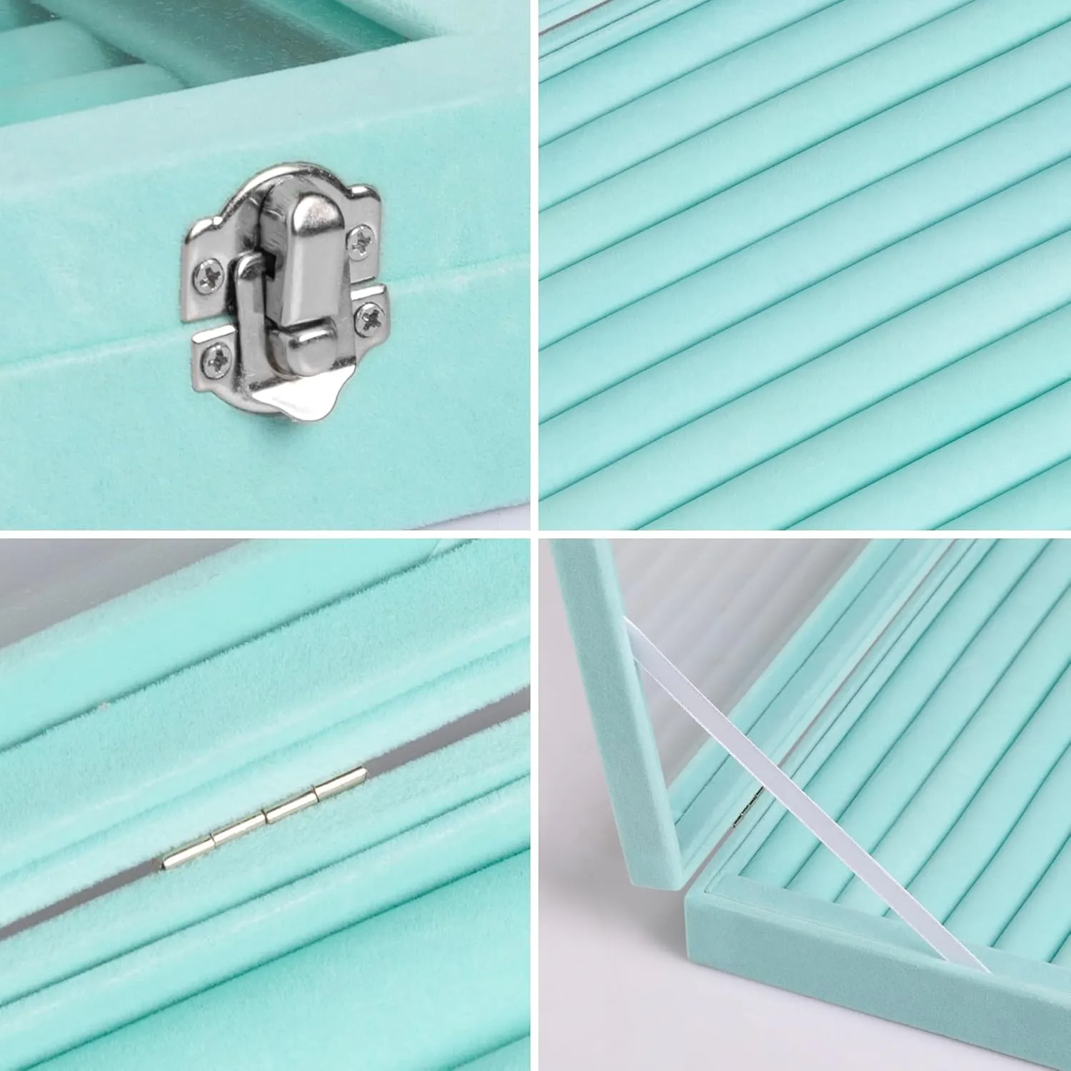 Frebeauty Rings/Earrings Organizer Tray with Clear Lid 10 Slots Velvet Drawer Insert Jewelry Storage box Transparent Glass lid Jewelry Display Case Showcase Gift for Girls Women (Turquoise, 10 Slots)