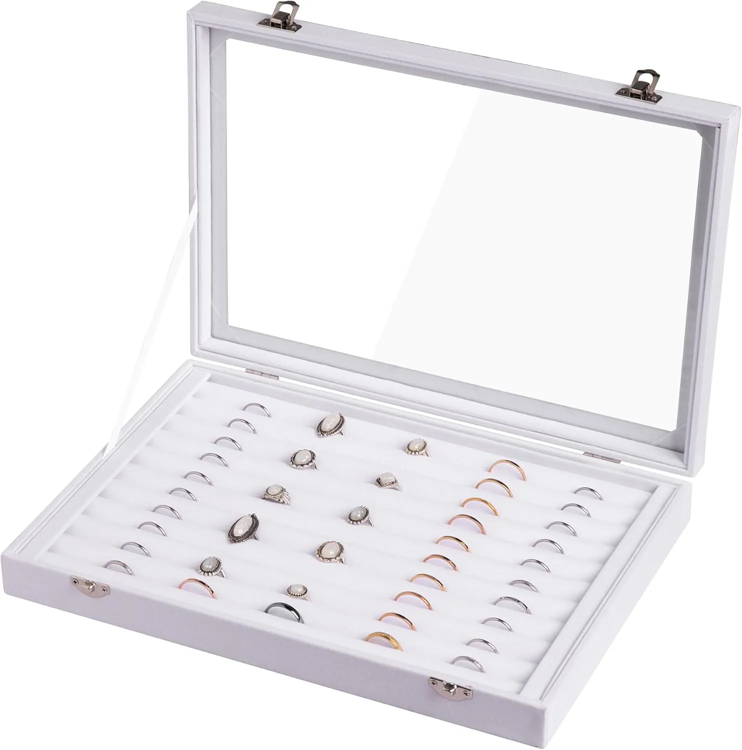 Frebeauty Rings/Earrings Organizer Tray with Clear Lid 10 Slots Velvet Drawer Insert Jewelry Storage box Transparent Glass lid Jewelry Display Case Showcase Gift for Girls Women (White, 10 Slots)