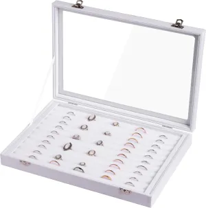 Frebeauty Rings/Earrings Organizer Tray with Clear Lid 10 Slots Velvet Drawer Insert Jewelry Storage box Transparent Glass lid Jewelry Display Case Showcase Gift for Girls Women (White, 10 Slots)