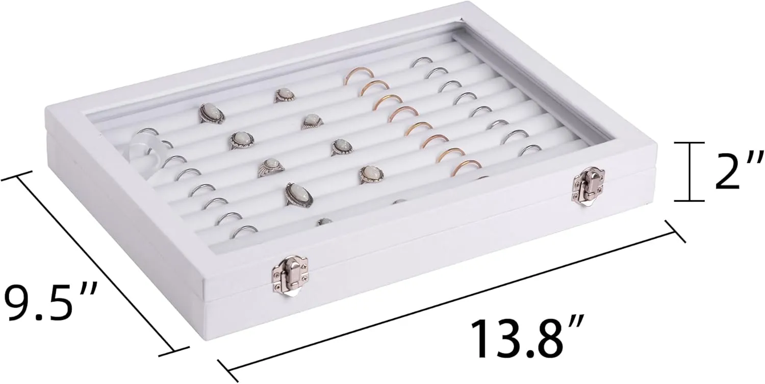 Frebeauty Rings/Earrings Organizer Tray with Clear Lid 10 Slots Velvet Drawer Insert Jewelry Storage box Transparent Glass lid Jewelry Display Case Showcase Gift for Girls Women (White, 10 Slots)
