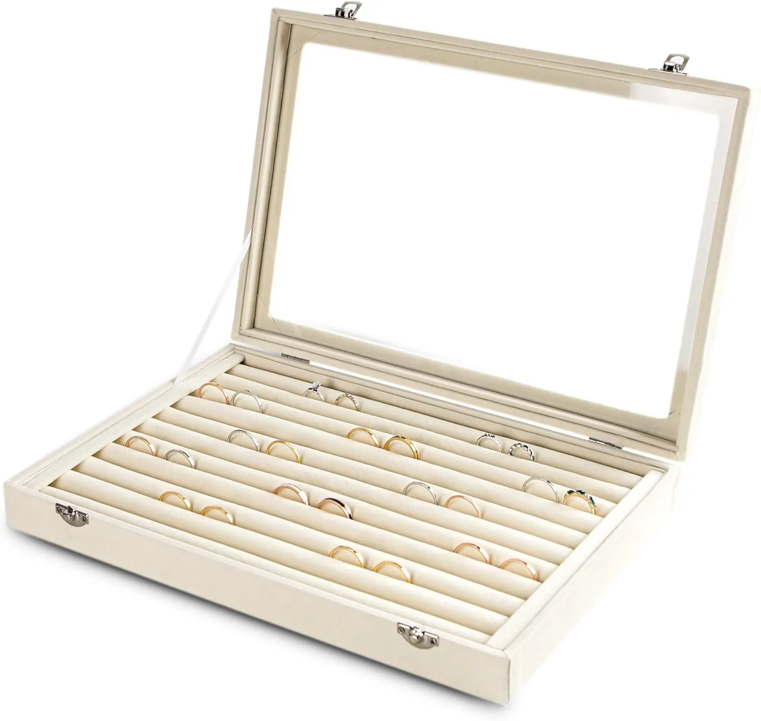 Frebeauty Rings/Earrings Organizer Tray with Clear Lid 10 Slots Velvet Drawer Insert Jewelry Storage box with Glass lid Jewelry Display Case Showcase Gift for Girls Women (Beige, 10 Slots)