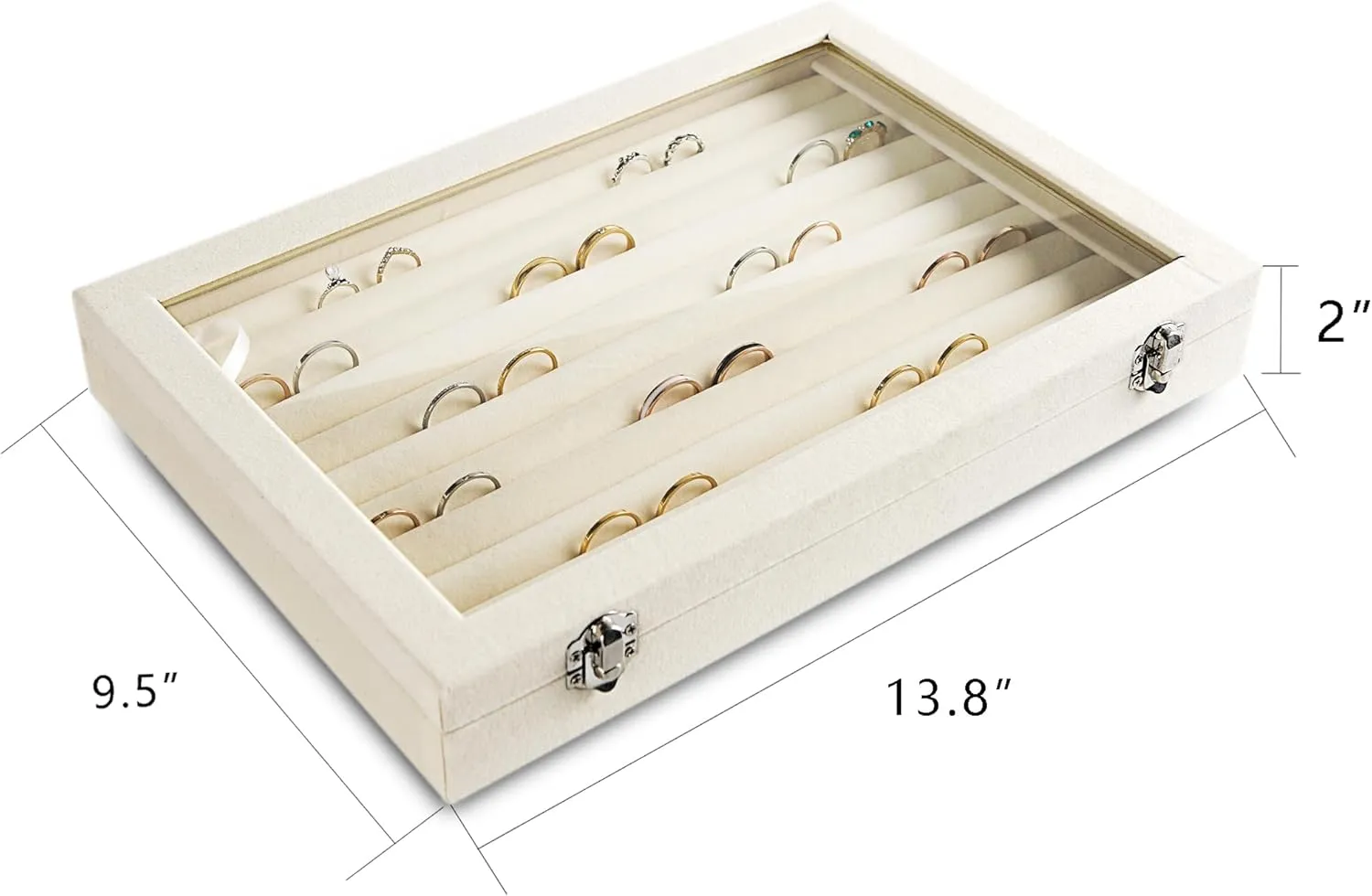 Frebeauty Rings/Earrings Organizer Tray with Clear Lid 10 Slots Velvet Drawer Insert Jewelry Storage box with Glass lid Jewelry Display Case Showcase Gift for Girls Women (Beige, 10 Slots)