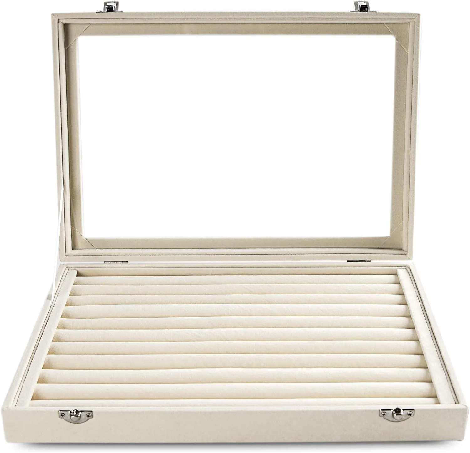 Frebeauty Rings/Earrings Organizer Tray with Clear Lid 10 Slots Velvet Drawer Insert Jewelry Storage box with Glass lid Jewelry Display Case Showcase Gift for Girls Women (Beige, 10 Slots)