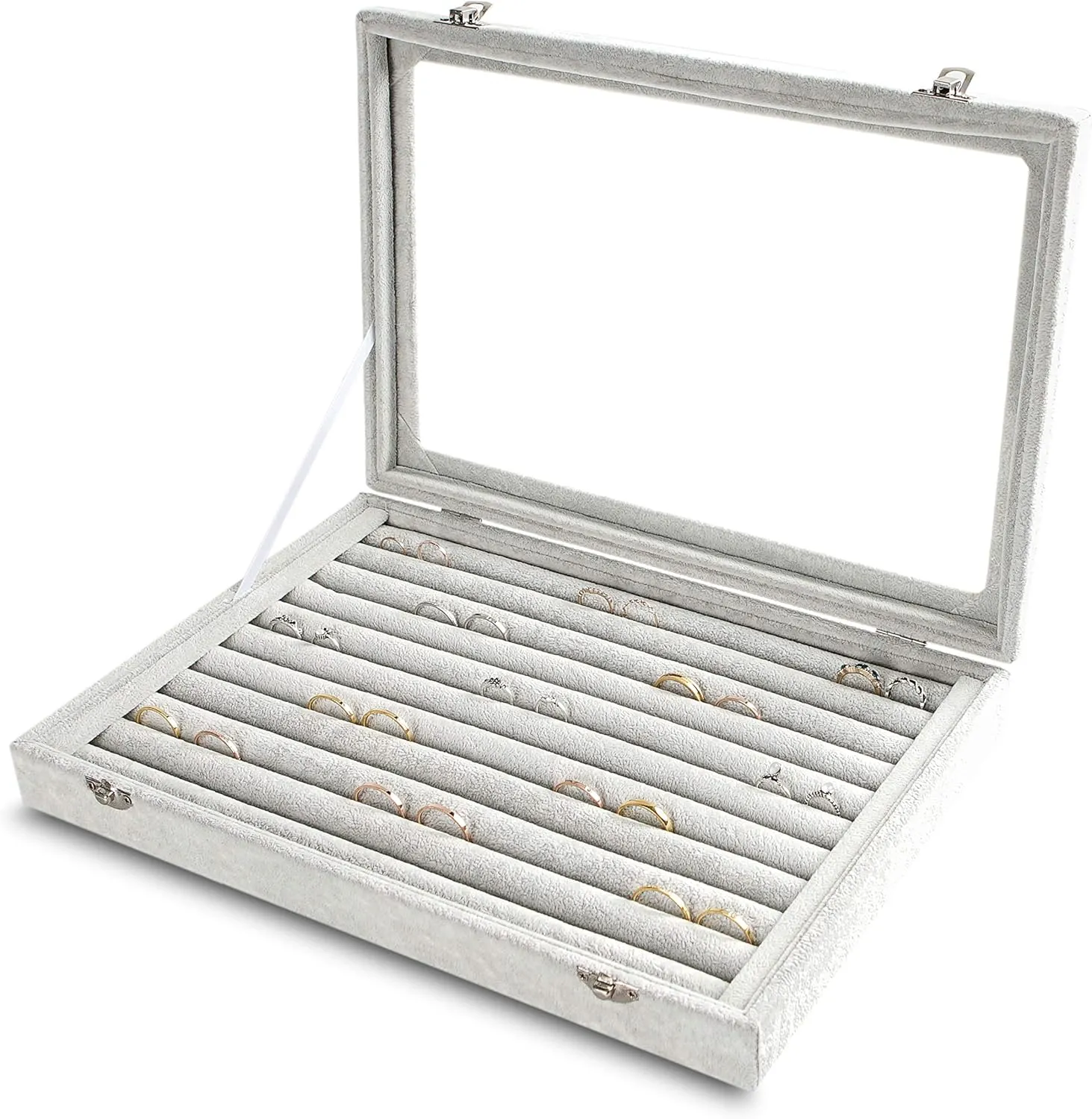Frebeauty Rings/Earrings Organizer Tray with Clear Lid 10 Slots Velvet Drawer Insert Jewelry Storage box with Glass lid Jewelry Display Case Showcase Gift for Girls Women (Grey, 10 Slots)