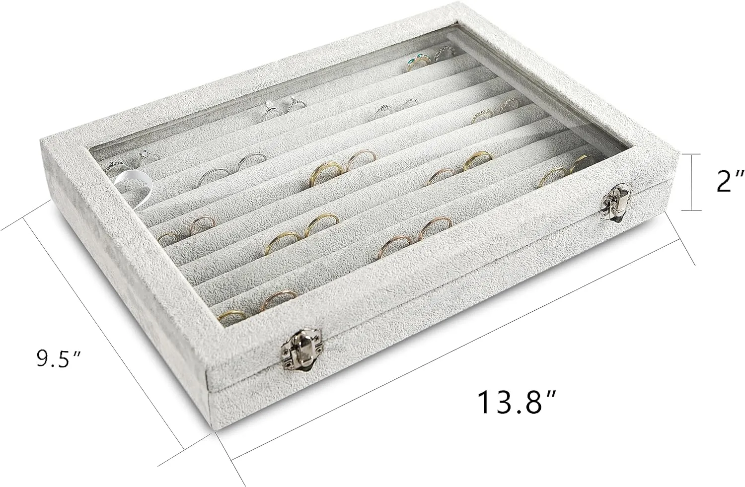 Frebeauty Rings/Earrings Organizer Tray with Clear Lid 10 Slots Velvet Drawer Insert Jewelry Storage box with Glass lid Jewelry Display Case Showcase Gift for Girls Women (Grey, 10 Slots)