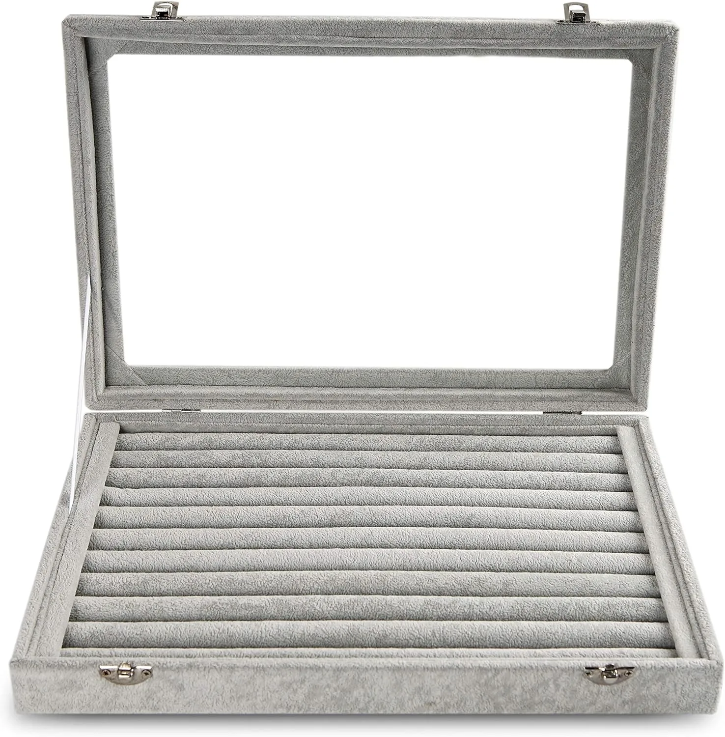 Frebeauty Rings/Earrings Organizer Tray with Clear Lid 10 Slots Velvet Drawer Insert Jewelry Storage box with Glass lid Jewelry Display Case Showcase Gift for Girls Women (Grey, 10 Slots)