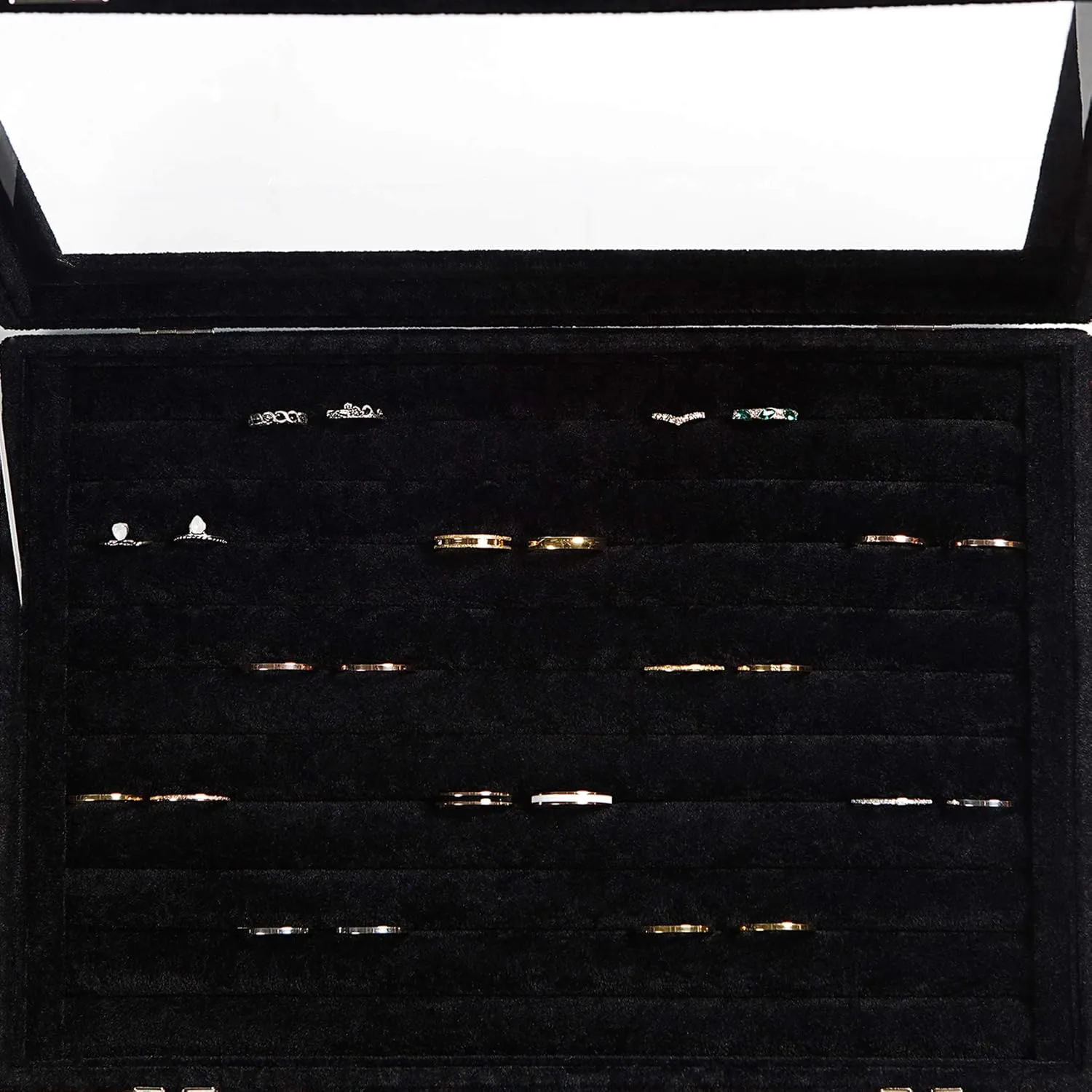 Frebeauty Rings/Earrings Organizer Tray with Clear Lid 10 Slots Velvet Drawer Insert Jewelry Storage box with Transparent Glass lid Jewelry Display Case Showcase Gift for Girls Women (Black, 10 Slots)