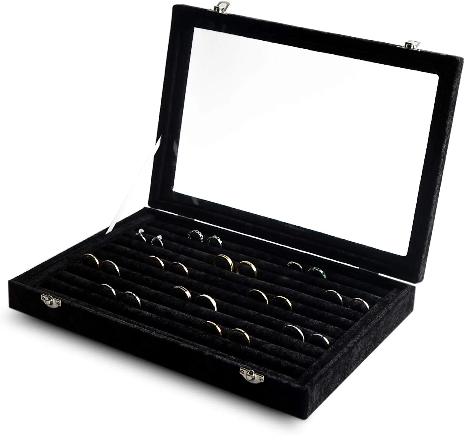 Frebeauty Rings/Earrings Organizer Tray with Clear Lid 10 Slots Velvet Drawer Insert Jewelry Storage box with Transparent Glass lid Jewelry Display Case Showcase Gift for Girls Women (Black, 10 Slots)