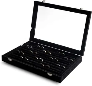 Frebeauty Rings/Earrings Organizer Tray with Clear Lid 10 Slots Velvet Drawer Insert Jewelry Storage box with Transparent Glass lid Jewelry Display Case Showcase Gift for Girls Women (Black, 10 Slots)