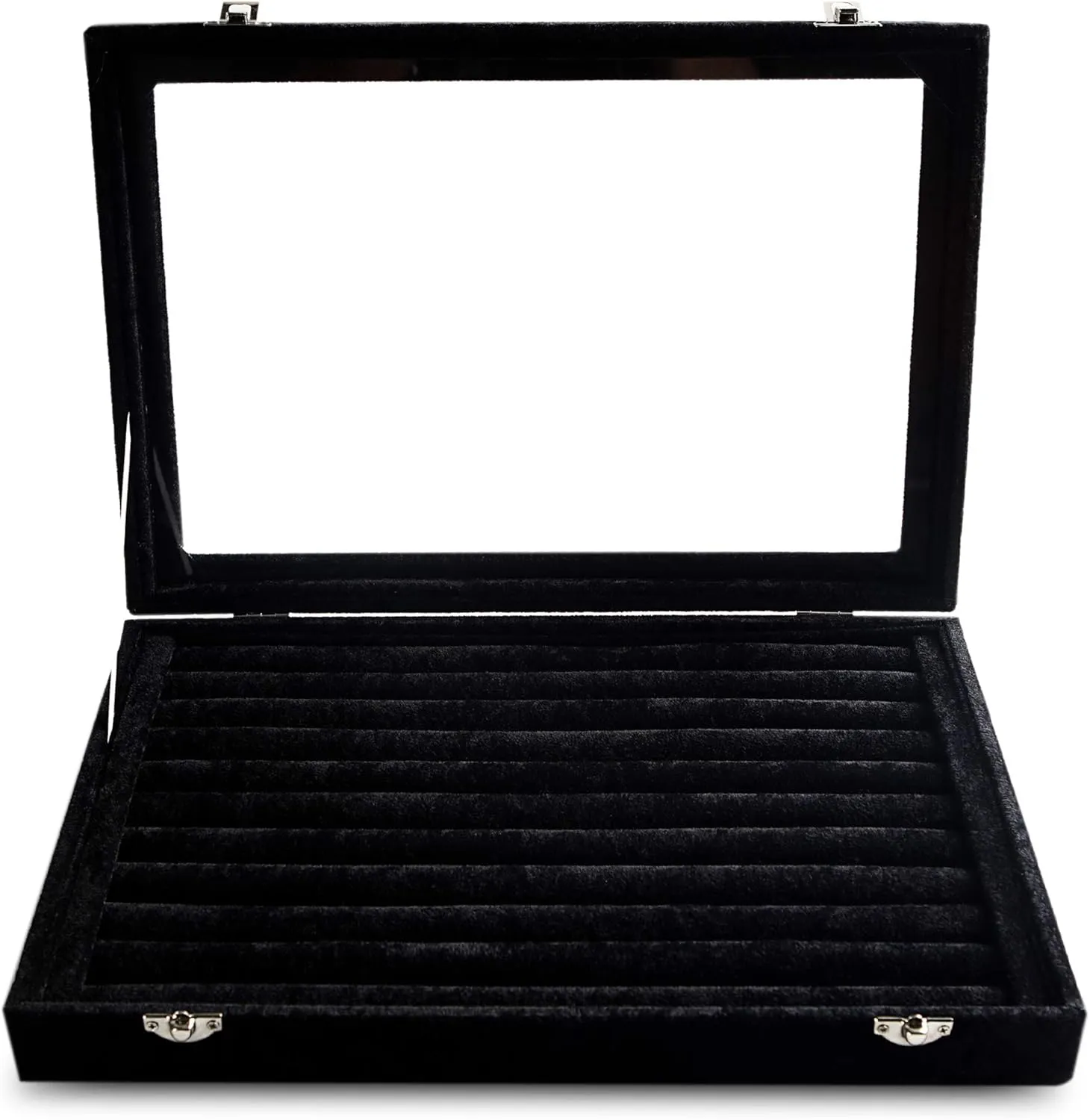 Frebeauty Rings/Earrings Organizer Tray with Clear Lid 10 Slots Velvet Drawer Insert Jewelry Storage box with Transparent Glass lid Jewelry Display Case Showcase Gift for Girls Women (Black, 10 Slots)
