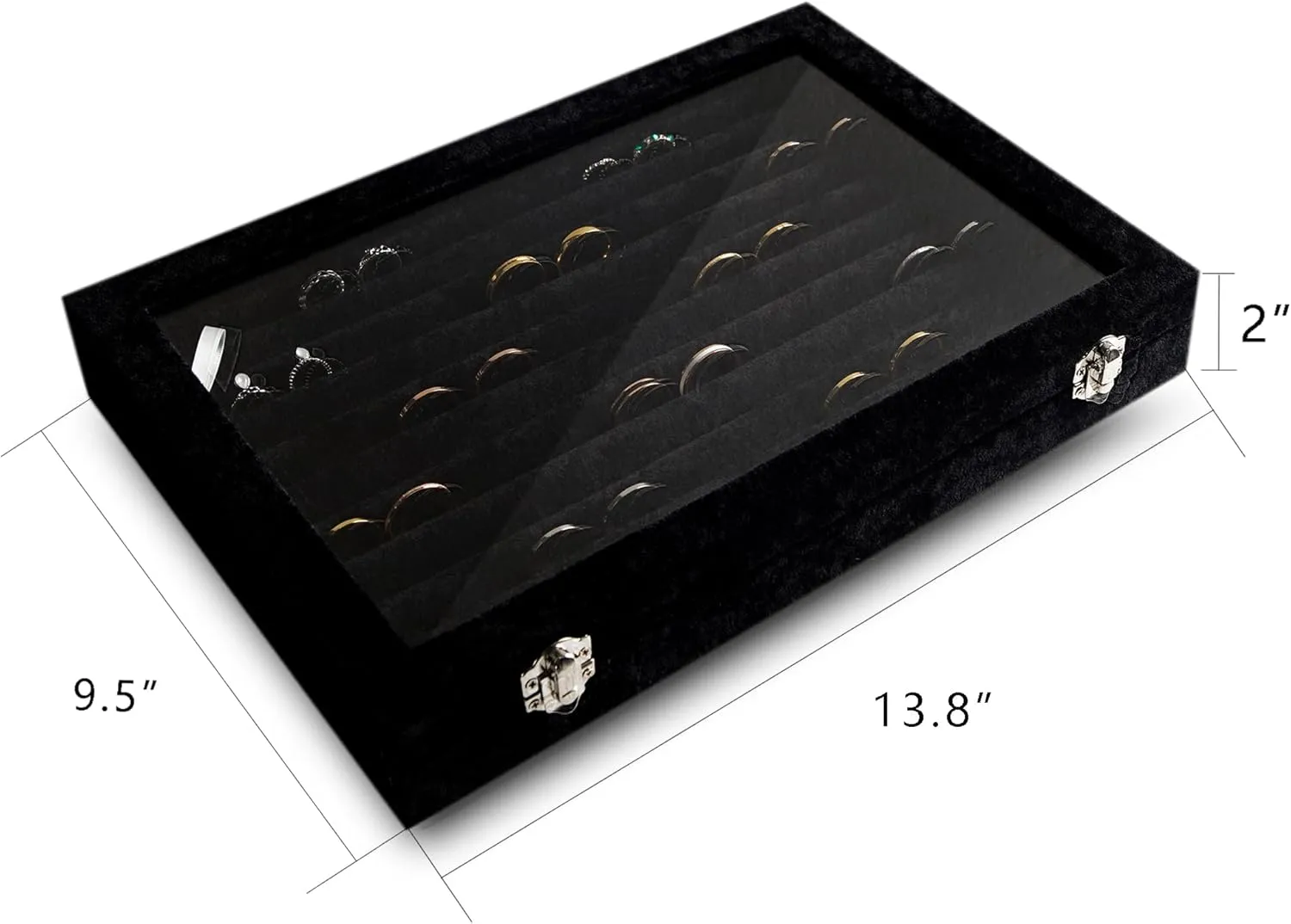 Frebeauty Rings/Earrings Organizer Tray with Clear Lid 10 Slots Velvet Drawer Insert Jewelry Storage box with Transparent Glass lid Jewelry Display Case Showcase Gift for Girls Women (Black, 10 Slots)