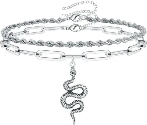 FUTIMELY 2PCS Boho Layered Snake Chain Ankle Bracelet Set for Women,Adjustable Chunky Snake Pendant Paperclip Chain Ankle Bracelet Trendy Beach Jewelry