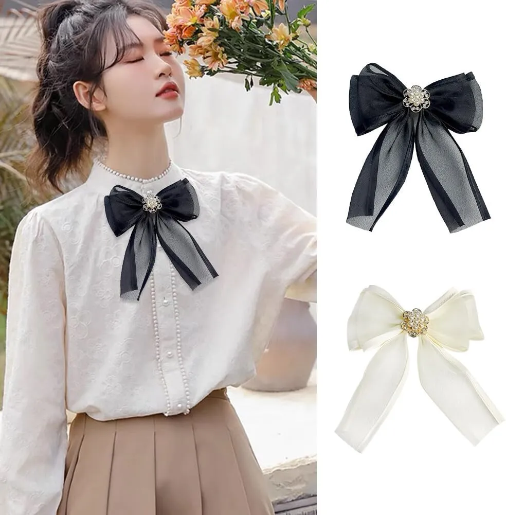 Gauze Ribbon Bow Tie Brooches & hair pins for Girl Women Fashion jabot collar brooch pins Pre-Tied Pearl Crystal Shirt Corsage