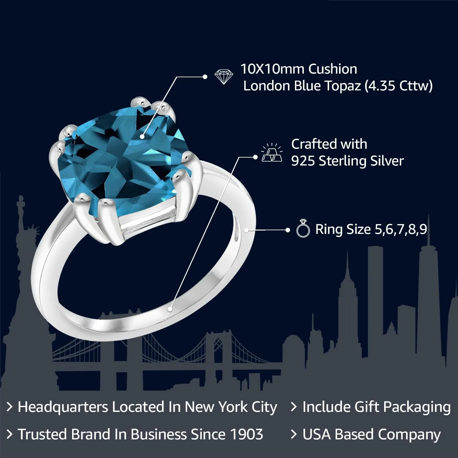 Gem Stone King 10MM Cushion Cut Gemstone Birthstone Double Prong Solitaire Ring for Women in 925 Sterling Silver | Fine Wedding Anniversary Engagement Promise Ring | Available in Sizes 5 to 9