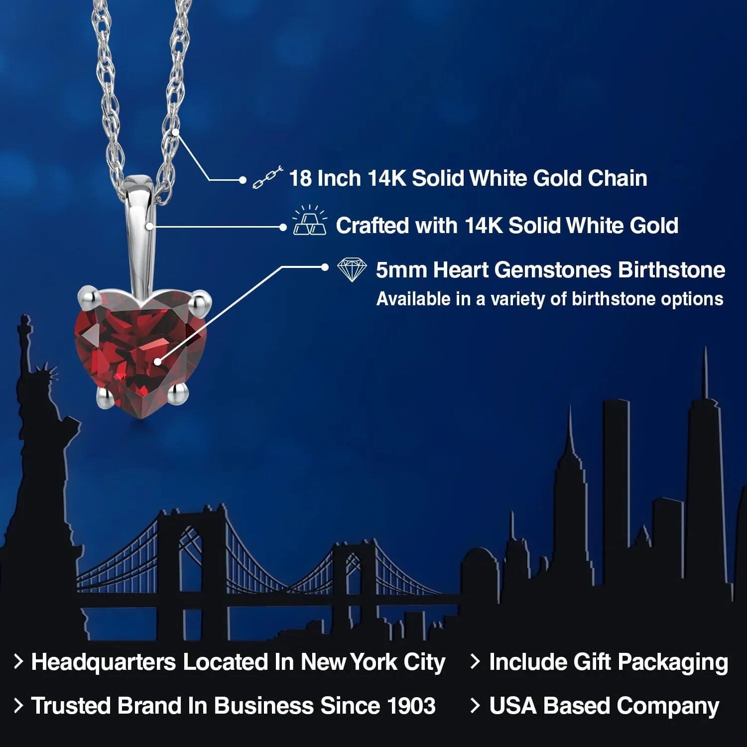 Gem Stone King 14K White Gold Pendant Necklace for Women | Heart Shape 5MM Gemstone Birthstone | With 18 Inch Chain | Fine Jewelry Gifts for Her Mom Women Wife