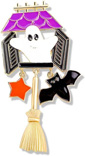 Ghost is Coming Brooch Pin for Women Girls Fashion Cute Halloween Black Bat Witchy Broom Star Charms Brooches Badges Lapel Pins Fun Costume Hat Bag Suit Dress Accessories Jewelry Gift