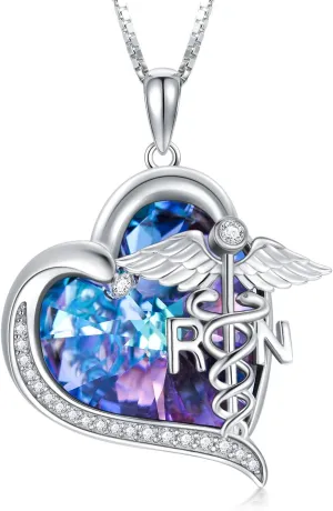 Gifts for Nurse 925 Sterling Silver Crystal Nurse Necklace Doctor Nursing Themed Pendant with RN Medical Caduceus Stethoscope Jewelry