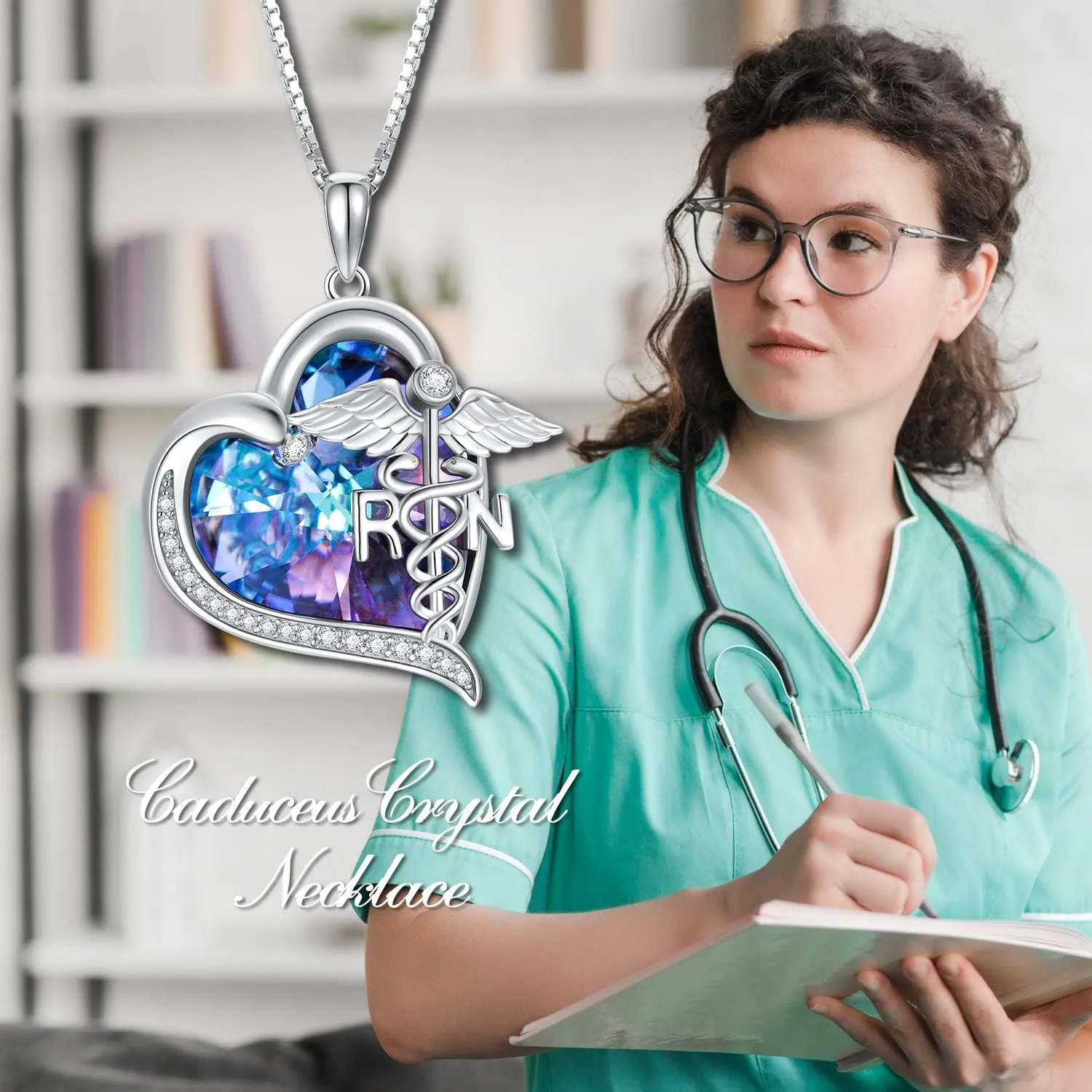 Gifts for Nurse 925 Sterling Silver Crystal Nurse Necklace Doctor Nursing Themed Pendant with RN Medical Caduceus Stethoscope Jewelry