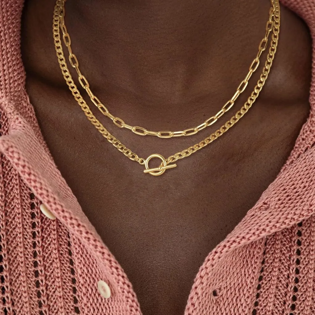 GIGB PBDK 14K Gold Paperclip Chain Choker Necklace, Adjustable Chunky Vintage Trendy Charm Necklace, Double Layer Punk Party Jewelry Gift for Women