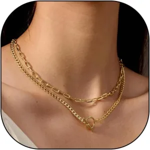 GIGB PBDK 14K Gold Paperclip Chain Choker Necklace, Adjustable Chunky Vintage Trendy Charm Necklace, Double Layer Punk Party Jewelry Gift for Women