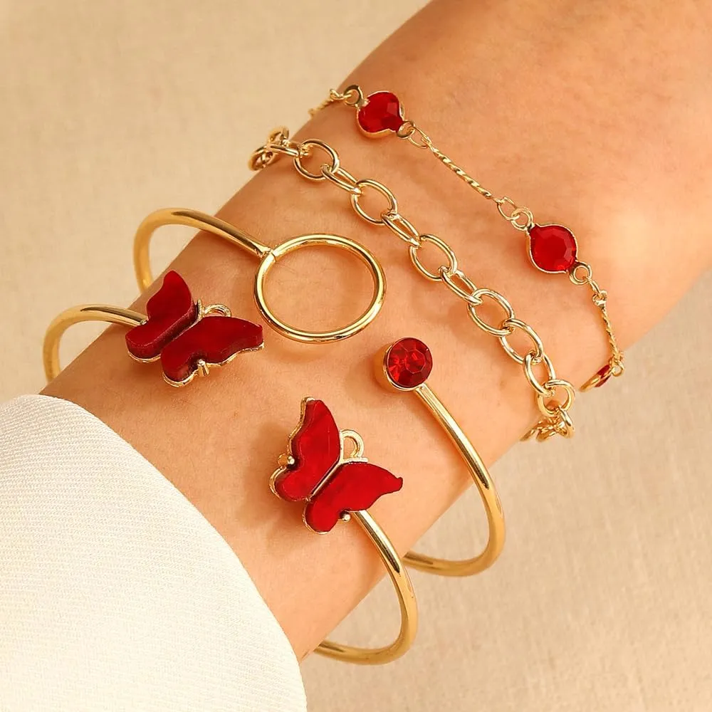 GIGB PBDK Chunky Gold Butterfly Bracelet Set Boho Layered Cystal Zircon Butterfly Bangle Stackable Rhinestone Chain Bracelets Jewelry Present for Women Wife
