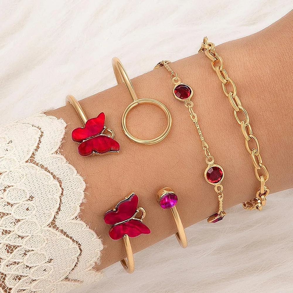 GIGB PBDK Chunky Gold Butterfly Bracelet Set Boho Layered Cystal Zircon Butterfly Bangle Stackable Rhinestone Chain Bracelets Jewelry Present for Women Wife