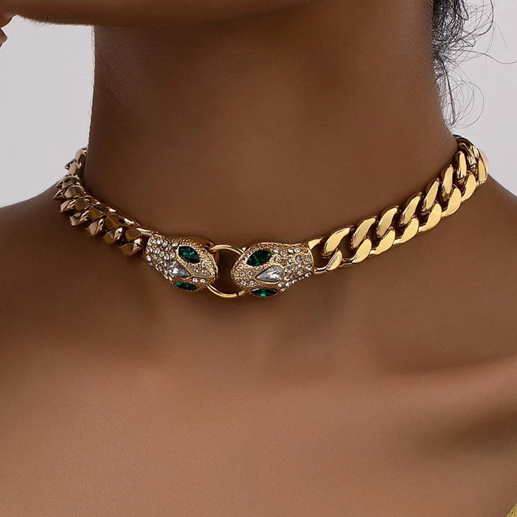 GIGB PBDK Chunky Gold Snake Choker Necklace, Punk Hip-Hop Green Crystal Snake Eye Link Cuban Chain Necklace, Rhinestone Viper Adjustable Collar Jewelry Gift