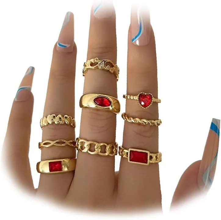 GIGB PBDK Red Stackable Rings Set for Women,9pcs Crystal Heart Chain Finger Ring Pack,Cute Gold Statement Knuckle Rings,Charm Jewelry Accessories Gifts