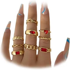 GIGB PBDK Red Stackable Rings Set for Women,9pcs Crystal Heart Chain Finger Ring Pack,Cute Gold Statement Knuckle Rings,Charm Jewelry Accessories Gifts