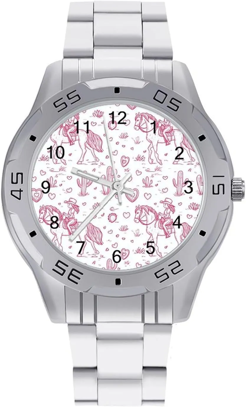 Girls on Horse Back and Cactus Simple Stainless Steel Band Business Watch Dress Wrist Unique Luxury Work Casual Waterproof Watches