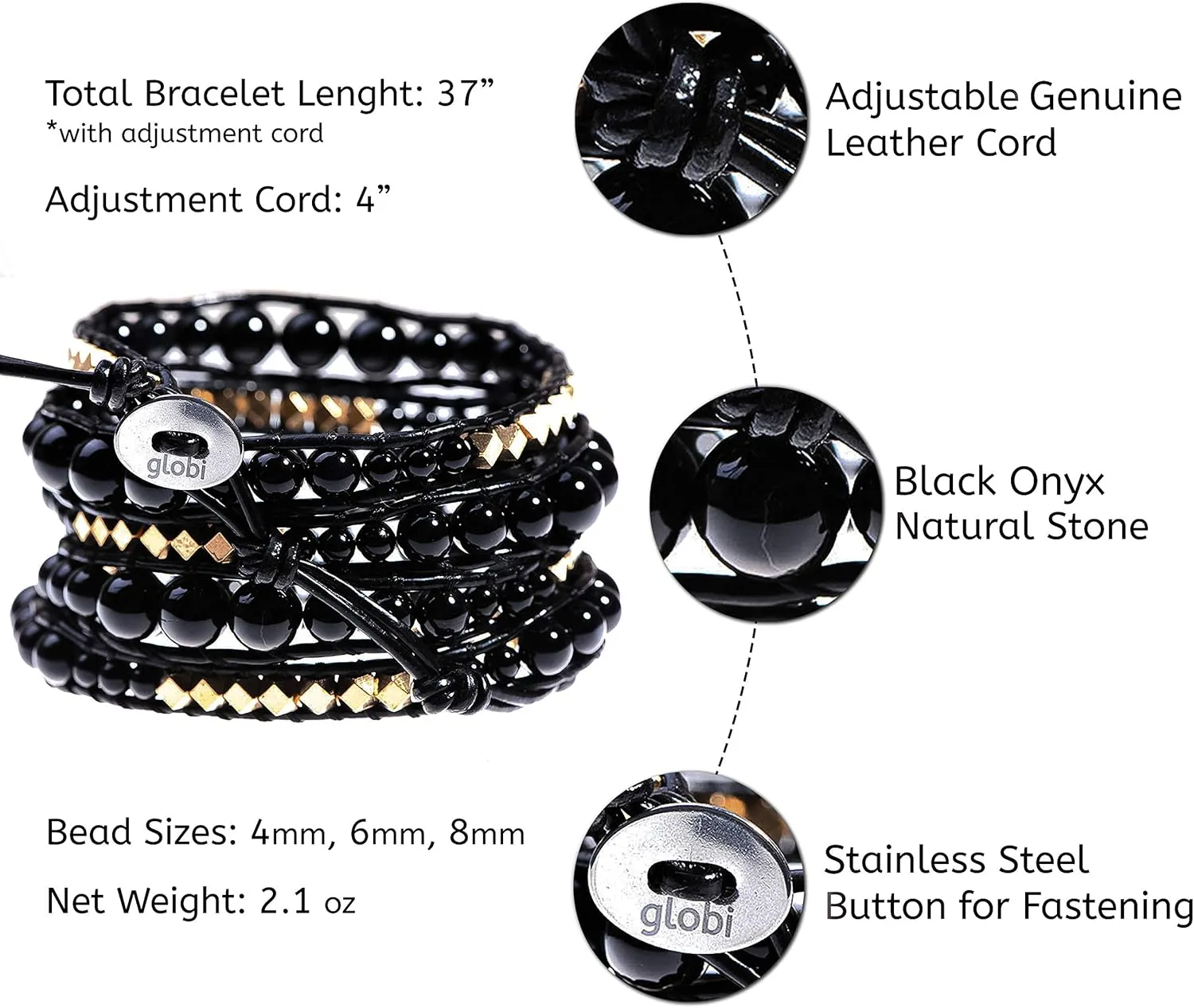 globi Natural Stone Wrap Bracelet For Women/Men | Adjustable Multilayer Genuine Leather Boho Handmade Beaded Bracelet