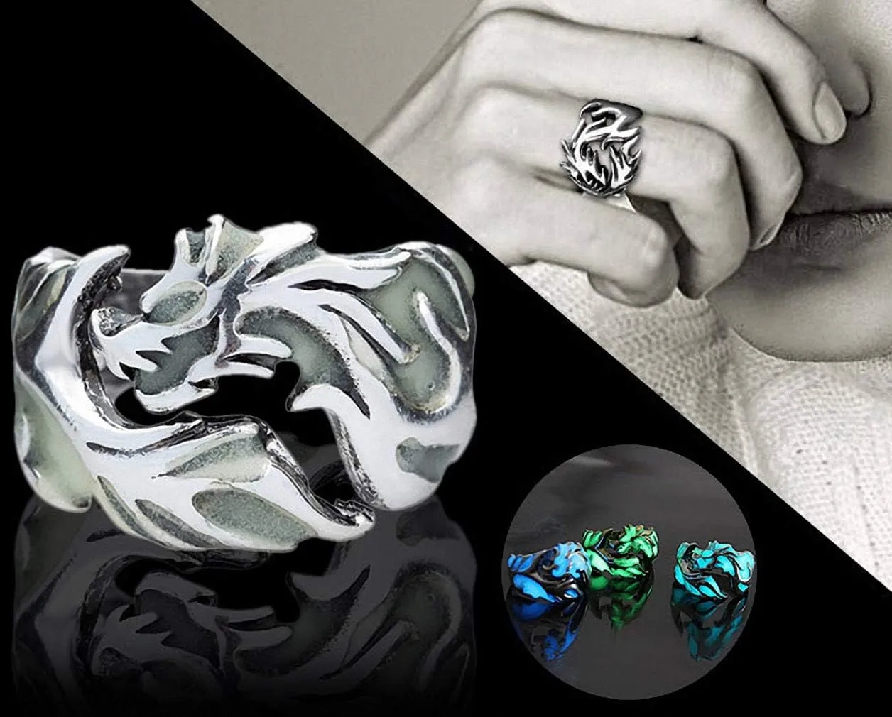 Glow in The Dark Rings Luminous Dragon Ring for Men and Women Allergy Free Gothic Punk Creative Embossed Dragon Pattern Animal Ring Glowing Halloween Anniversary Party Jewelry Light-Emitting Gift