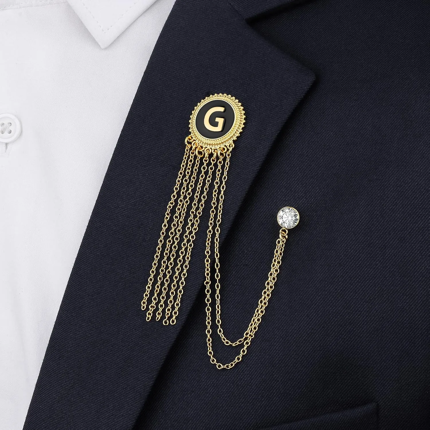 Gold and Silver Tone Initial Chain Brooch Laple Pin for Men Suits, Metal Suit Stud, Shirt Studs, Suit Accessories for Men Women on Wedding,Anniversary,Dinner Parties.