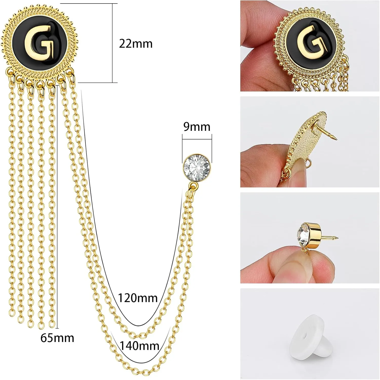 Gold and Silver Tone Initial Chain Brooch Laple Pin for Men Suits, Metal Suit Stud, Shirt Studs, Suit Accessories for Men Women on Wedding,Anniversary,Dinner Parties.
