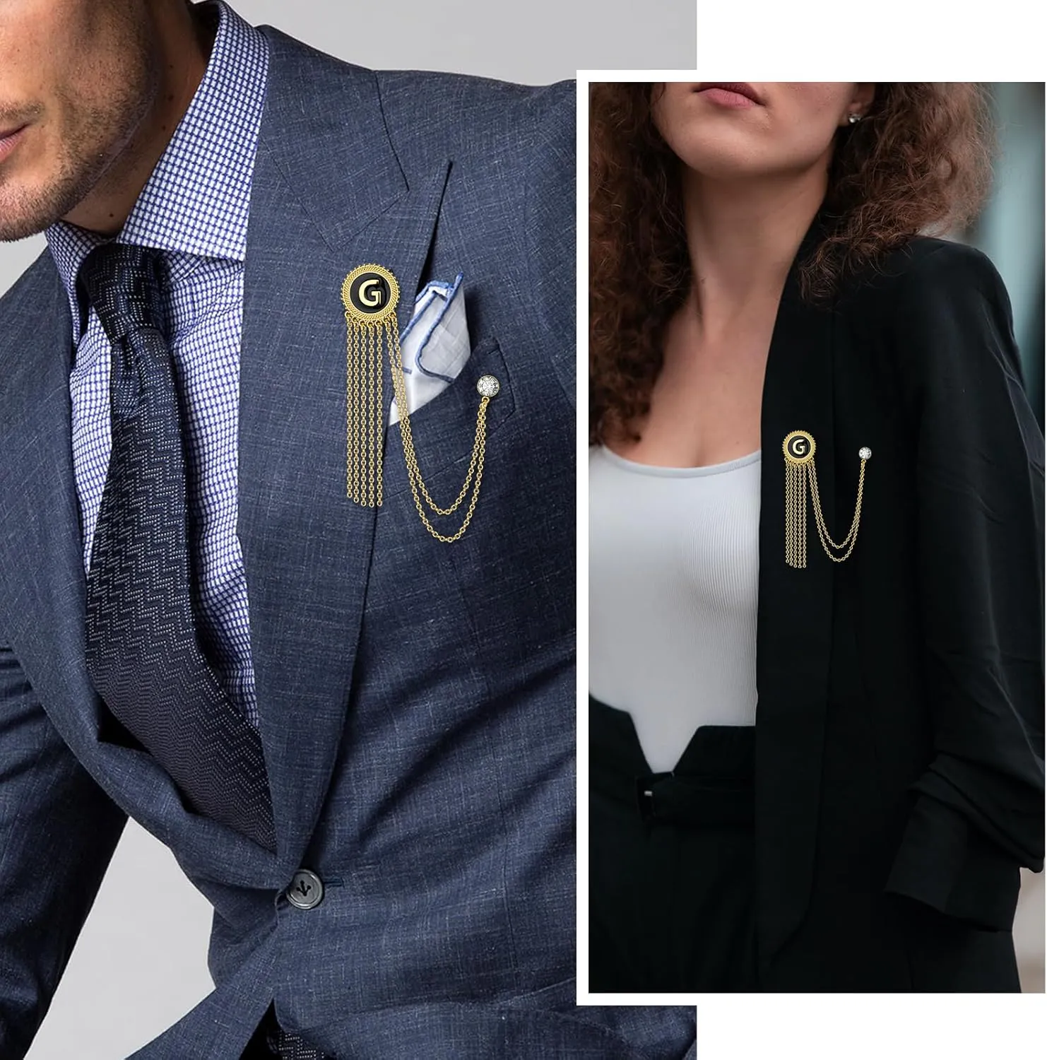 Gold and Silver Tone Initial Chain Brooch Laple Pin for Men Suits, Metal Suit Stud, Shirt Studs, Suit Accessories for Men Women on Wedding,Anniversary,Dinner Parties.