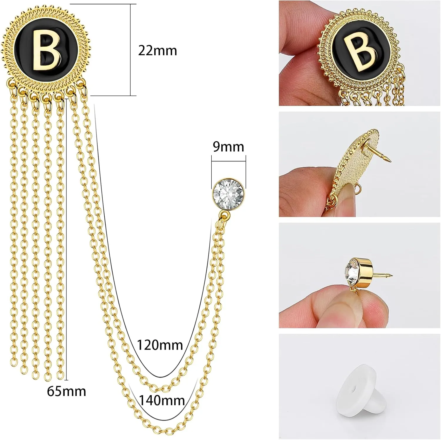 Gold and Silver Tone Initial Chain Brooch Laple Pin for Men Suits, Metal Suit Stud, Shirt Studs, Suit Accessories for Men Women on Wedding,Anniversary,Dinner Parties.