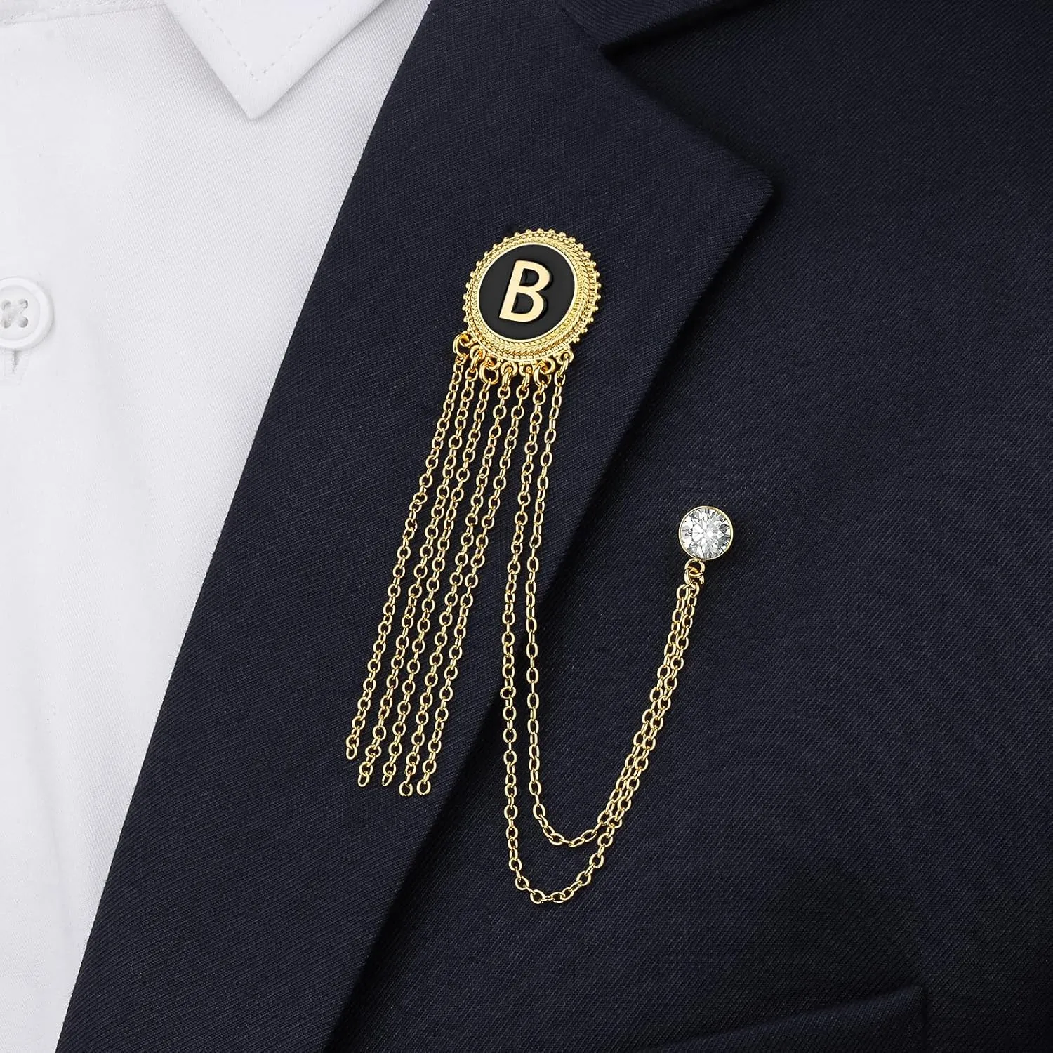 Gold and Silver Tone Initial Chain Brooch Laple Pin for Men Suits, Metal Suit Stud, Shirt Studs, Suit Accessories for Men Women on Wedding,Anniversary,Dinner Parties.