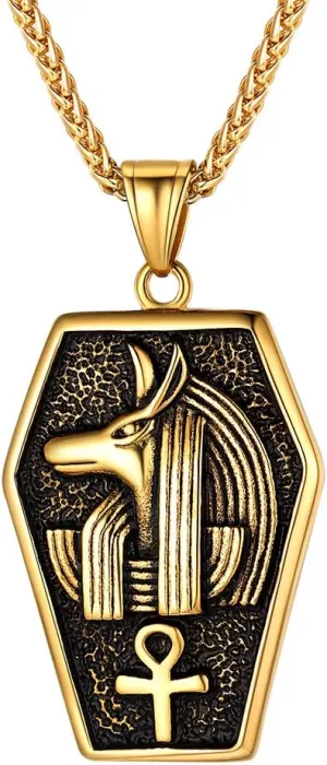Gold Anubis God of Death Necklace Egyptian Protection Jewelry Stainless Steel Ankh Cross of Life Amulet Pendant Charm for Men Women