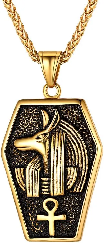 Gold Anubis God of Death Necklace Egyptian Protection Jewelry Stainless Steel Ankh Cross of Life Amulet Pendant Charm for Men Women