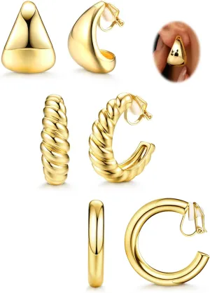 Gold Clip on Earrings for Women Hypoallergenic - 14K Gold Plated Chunky Tube Croissant Waterdrop Clip-on Hoop Earings Set Fake Non Pierced Ears Jewelry Trendy Gold/Silver 3-Pair